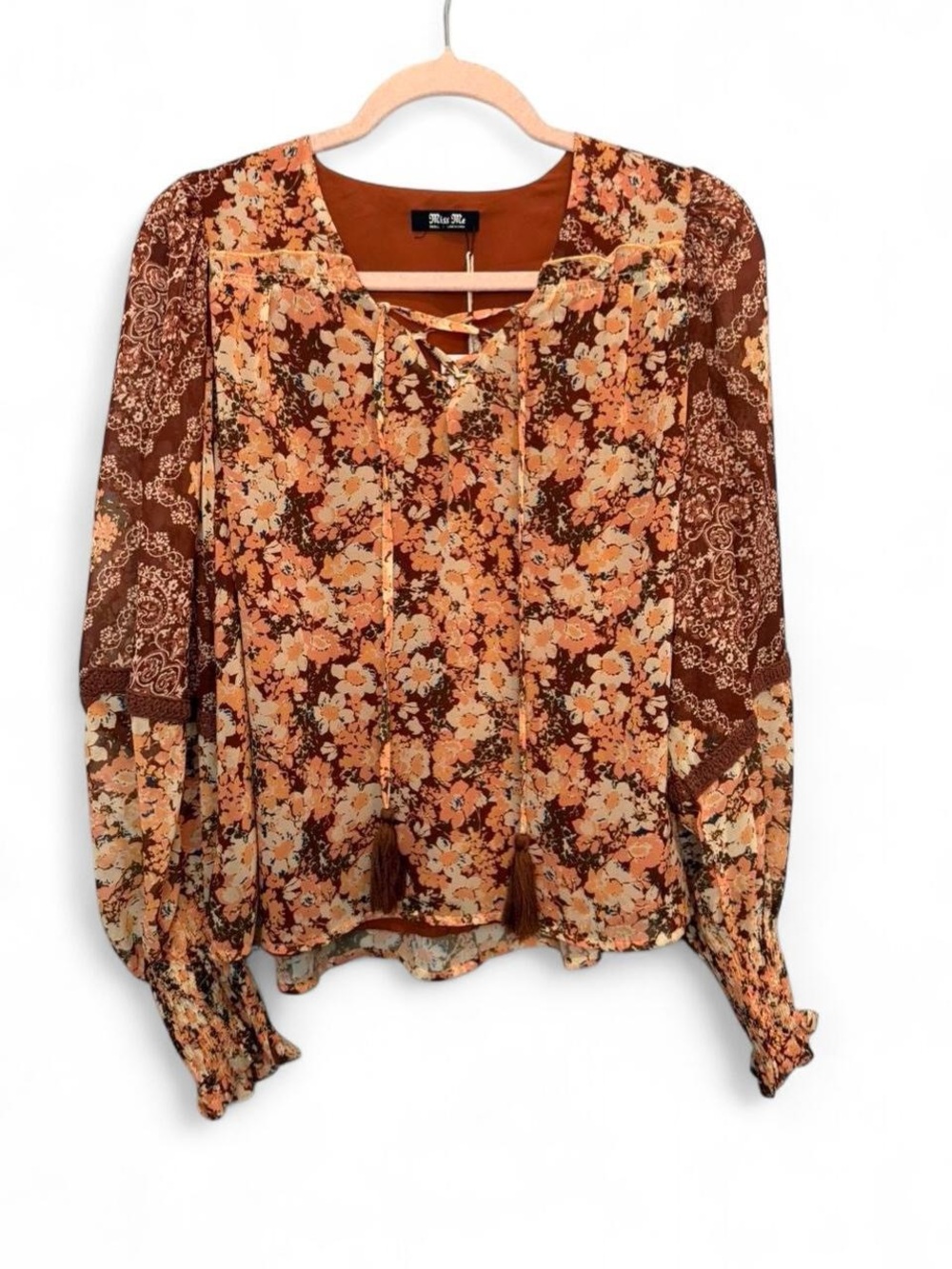 NWT Miss Me Mixed Media Floral Tassel Peasant Blouse Small Boho Festival Fall
